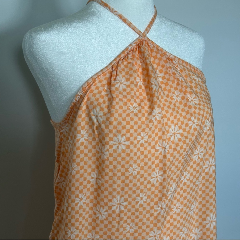 SO Orange Checkered Floral Print High Neck Mini Dress Cottagecore Summer XS - Picture 6 of 6